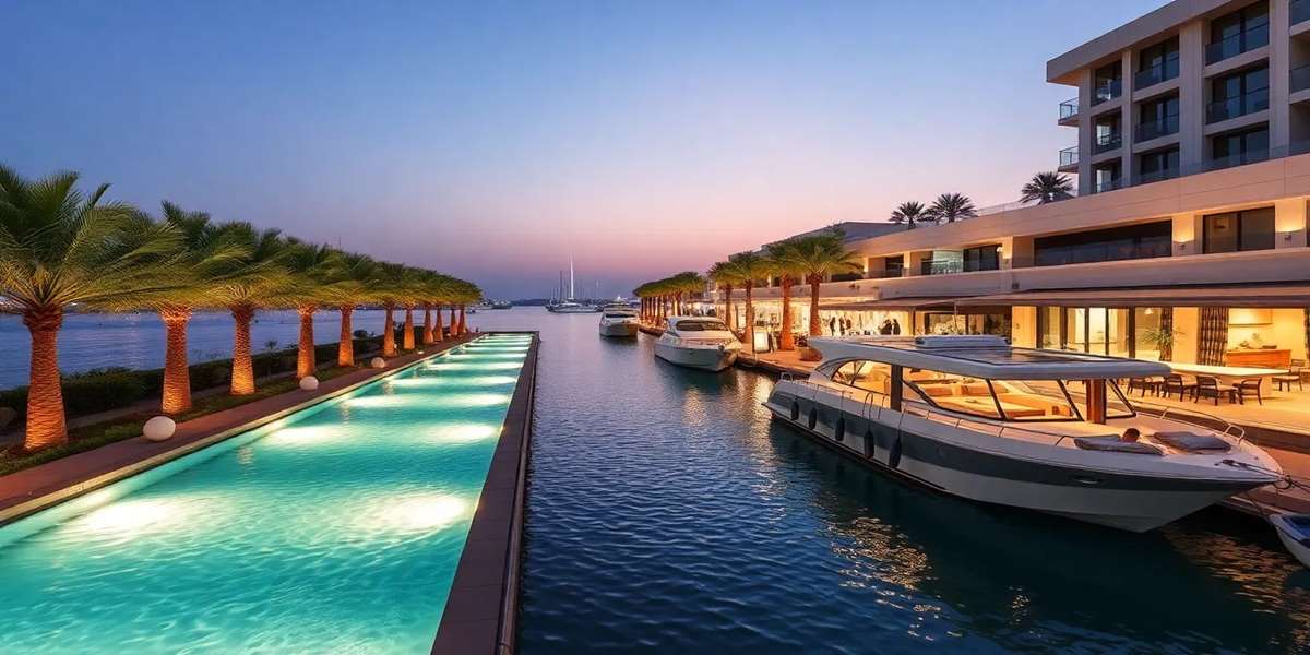 Premium amenities at Rashid Yachts and Marina including canal pool, yacht club, and waterfront dining